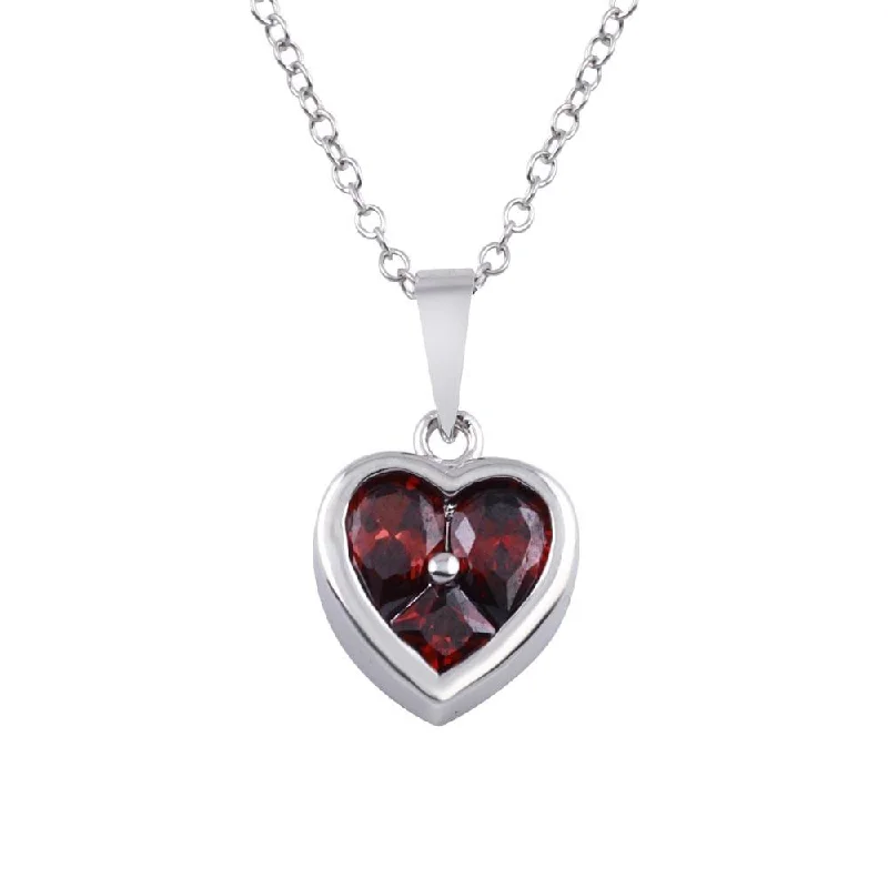 Rhodium Plated 925 Sterling Silver Heart Red CZ Necklace - BGP01312RED