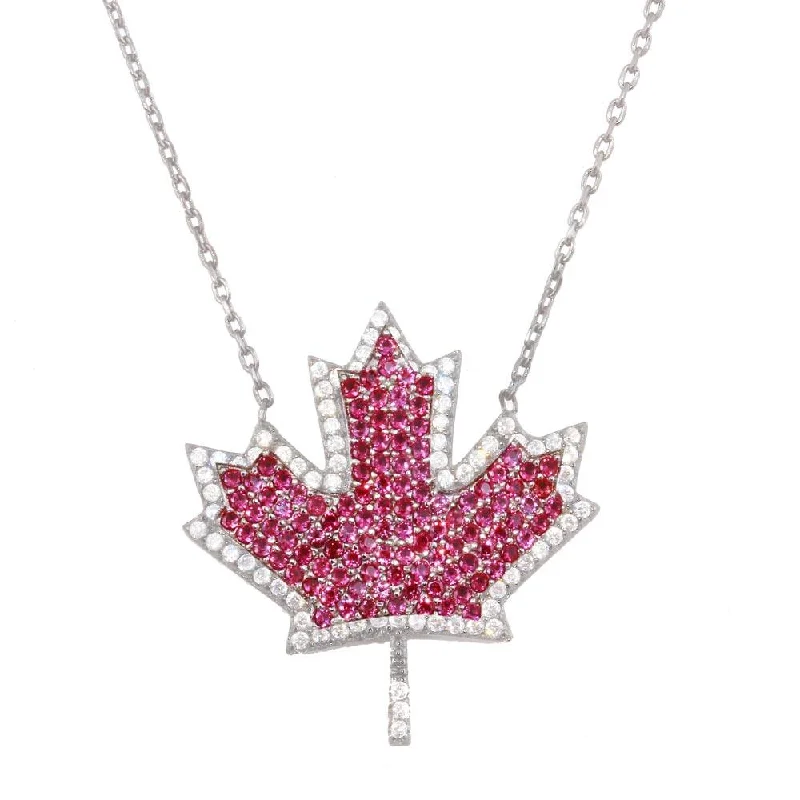 Rhodium Plated 925 Sterling Silver Maple Leaf Pendant Necklace with CZ - BGP01278RHD