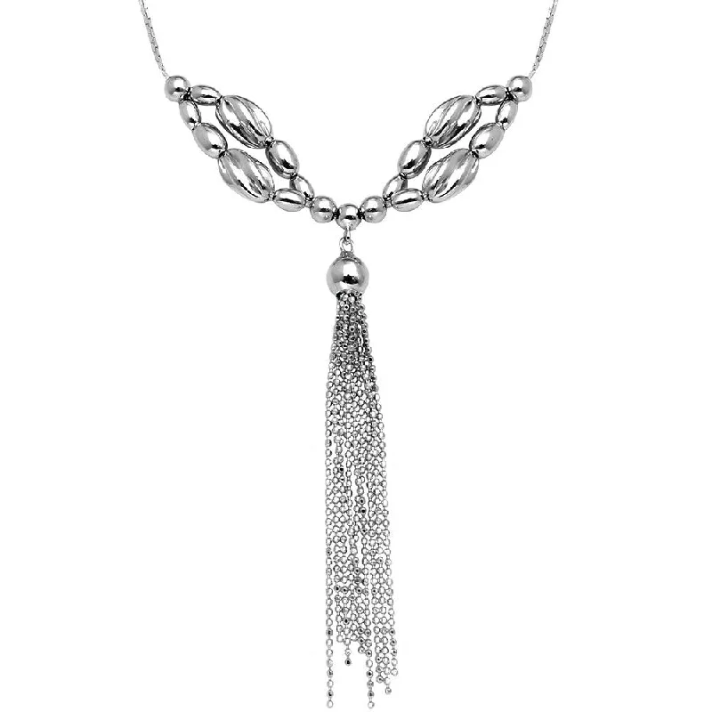 Rhodium Plated 925 Sterling Silver Multi Beaded Necklace with Tassel End - DIN00060RH