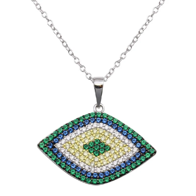 Rhodium Plated 925 Sterling Silver Multi Color Evil Eye Necklace - BGP01290