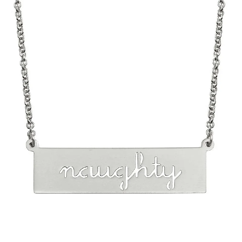 Rhodium Plated 925 Sterling Silver Naughty Engraved Bar Pendant Necklace  - ARN00057RH