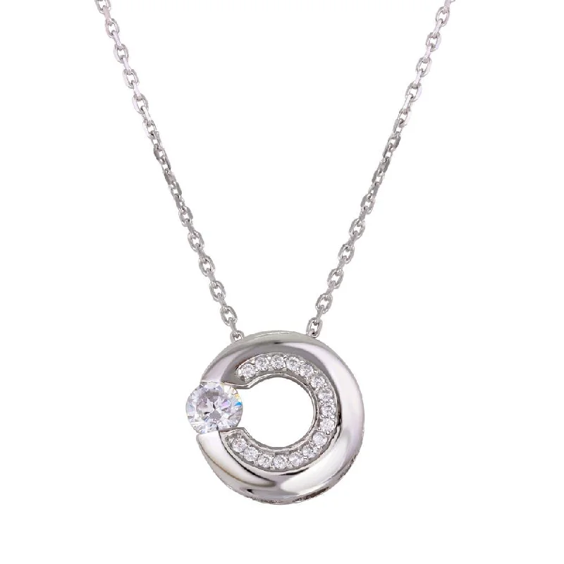 Rhodium Plated 925 Sterling Silver Open Circle Pendant Necklace with CZ - GMN00037