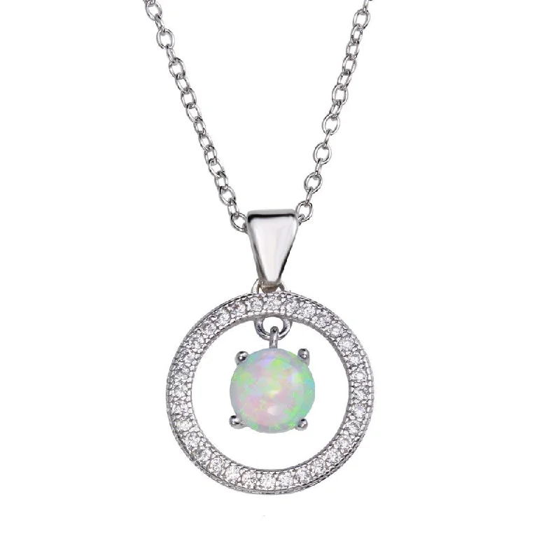 Rhodium Plated 925 Sterling Silver Open Circle Pendant Necklace with Synthetic Opal - STP01678RH