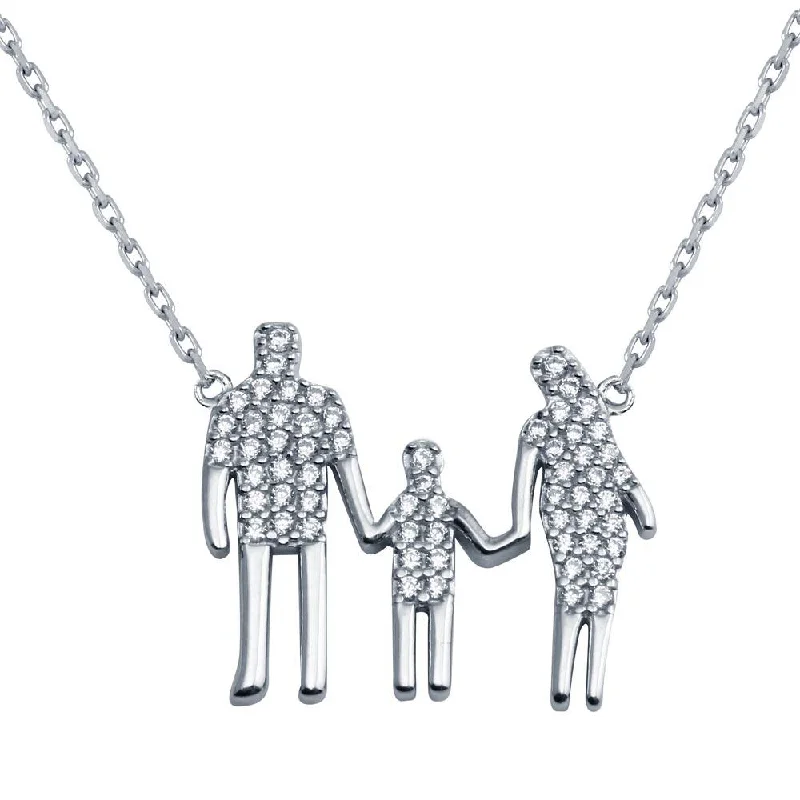 Rhodium Plated 925 Sterling Silver Mom, Dad, And A Boy Family Necklace - GMN00044