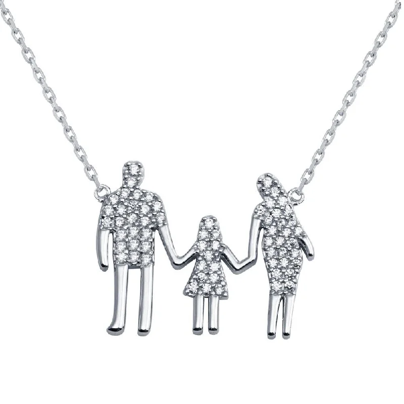 Rhodium Plated 925 Sterling Silver Mom, Dad, And A Girl Family Necklace - GMN00045