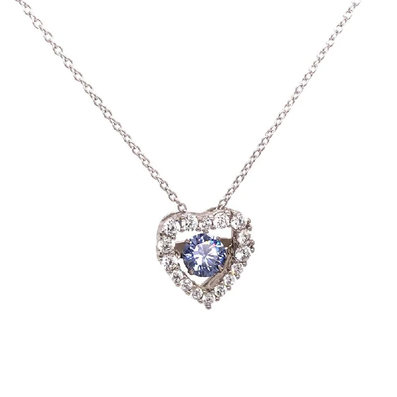 Rhodium Plated 925 Sterling Silver Open Heart CZ Pendant Necklace with Dancing CZ - STP01634BLU