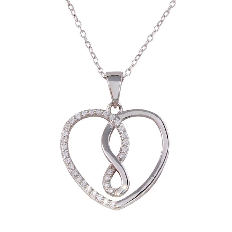 Rhodium Plated 925 Sterling Silver Open Heart Infinity Pendant Necklace with CZ - STP01554