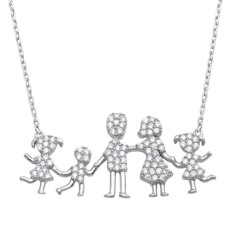 Rhodium Plated 925 Sterling Silver Mom, Dad, 2 Daughters, and Son Family Necklace with CZ - GMN00069