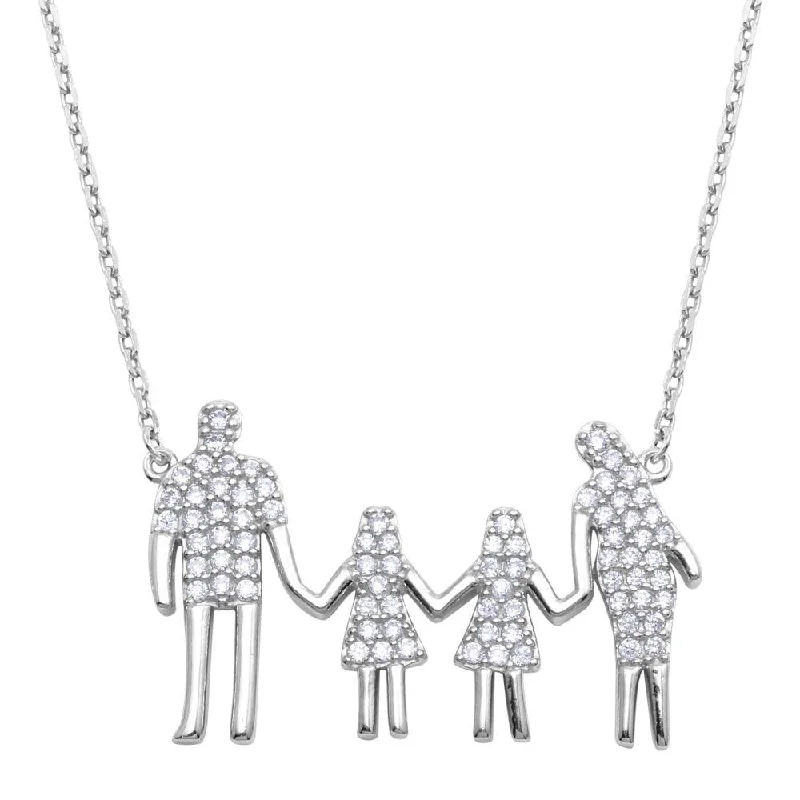 Rhodium Plated 925 Sterling Silver Mom, Dad, and 2 Daughters Family Necklace with CZ - GMN00060