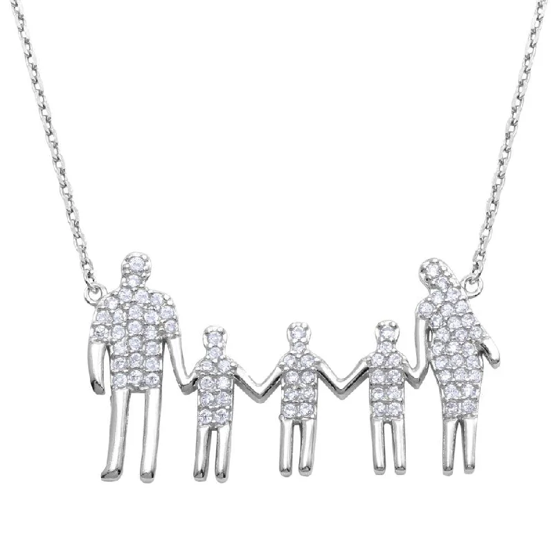 Rhodium Plated 925 Sterling Silver, Mom, Dad, and 3 Sons Family Necklace with CZ - GMN00063