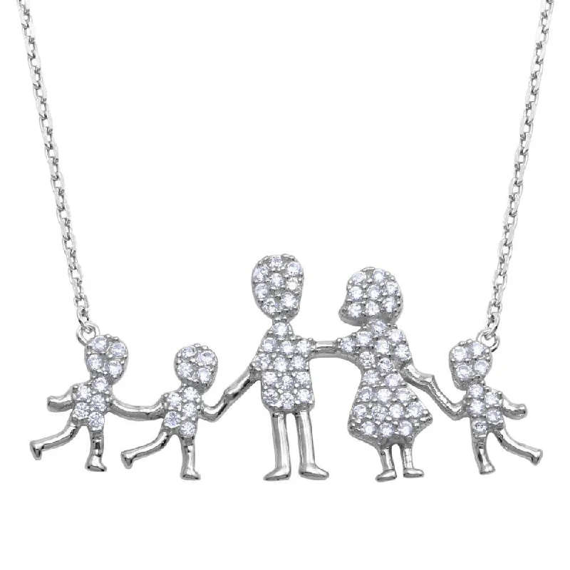 Rhodium Plated 925 Sterling Silver Mom, Dad, and 3 Sons Family Necklace with CZ - GMN00067