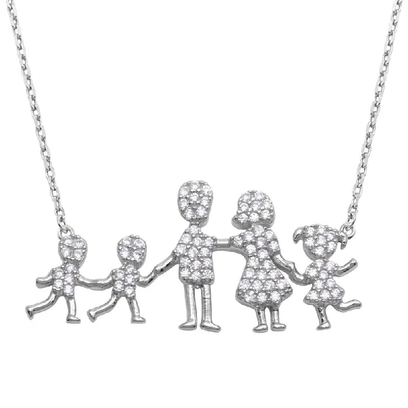 Rhodium Plated 925 Sterling Silver Mom, Dad, Daughter and 2 Sons Family Necklace with CZ - GMN00066