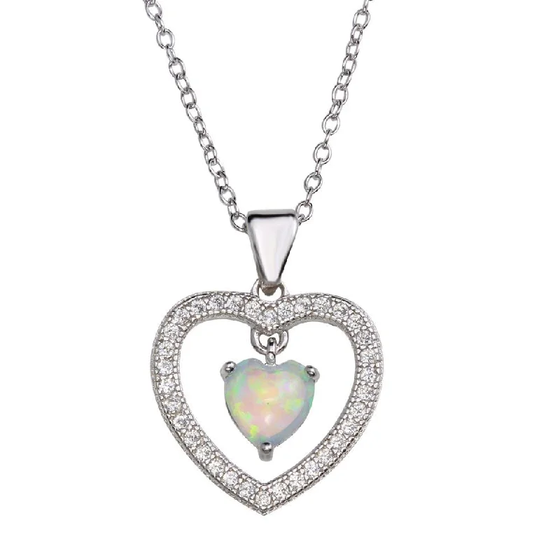 Rhodium Plated 925 Sterling Silver Open Heart Pendant Necklace with Synthetic Opal and CZ - STP01679RH