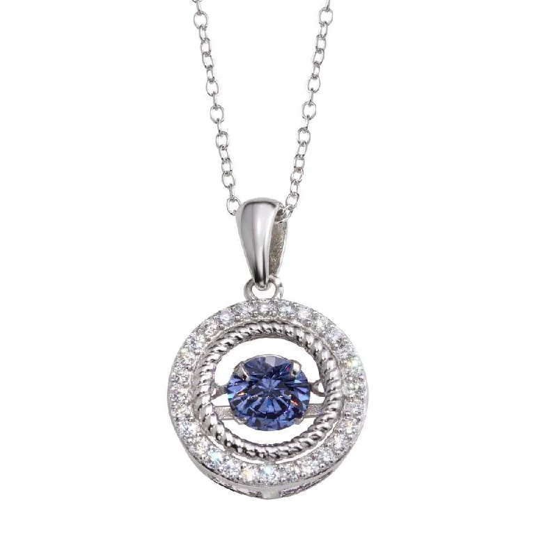 Rhodium Plated 925 Sterling Silver Open Pendant Necklace with Blue Dancing CZ - STP01660BLU