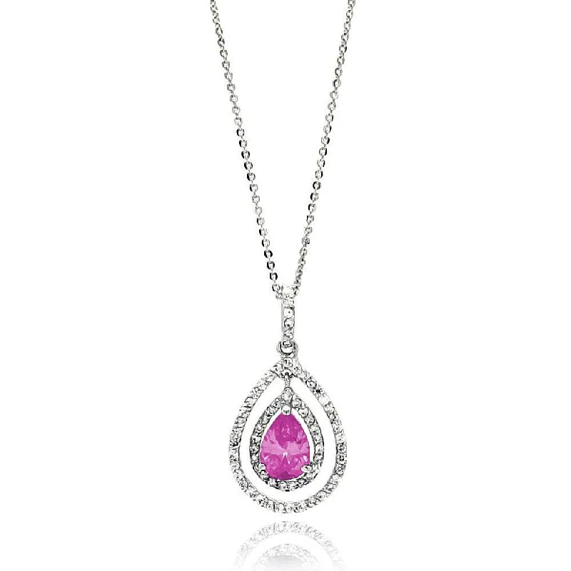 Rhodium Plated 925 Sterling Silver Open Pink Teardrop Center CZ Necklace - BGP00665