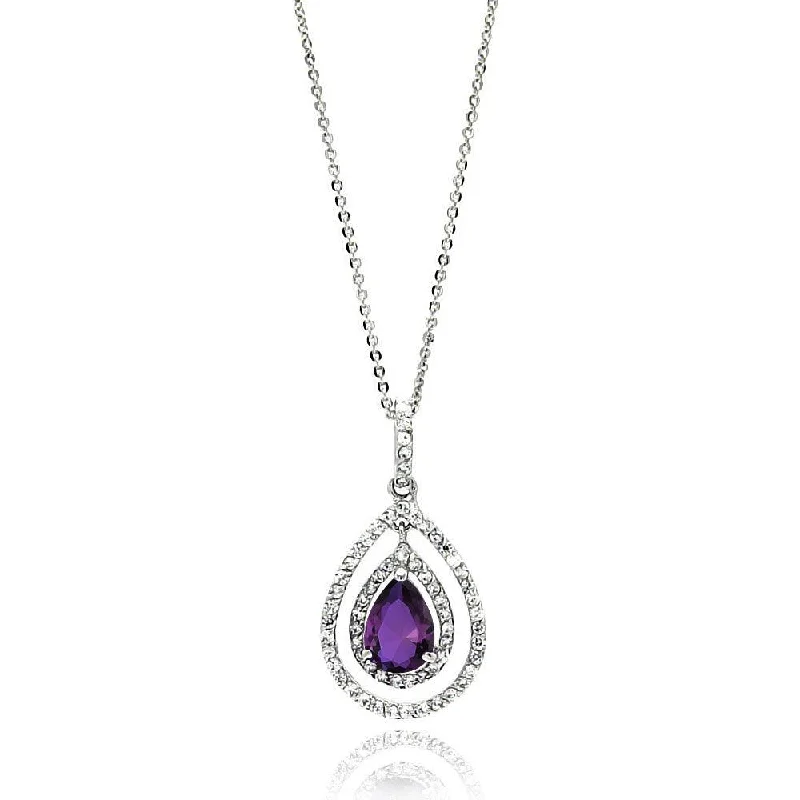 Rhodium Plated 925 Sterling Silver Open Purple Teardrop Center CZ Necklace - BGP00667