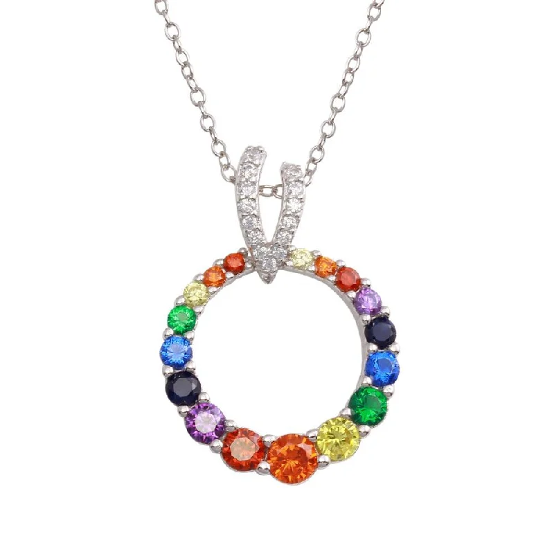 Rhodium Plated 925 Sterling Silver Open Round Rainbow CZ Pendant Necklace - BGP01308