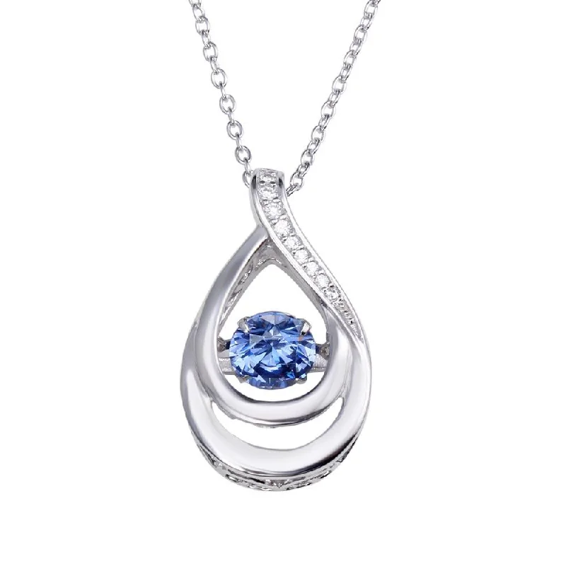 Rhodium Plated 925 Sterling Silver Open Teardrop Necklace with Blue Dancing CZ - STP01635BLU