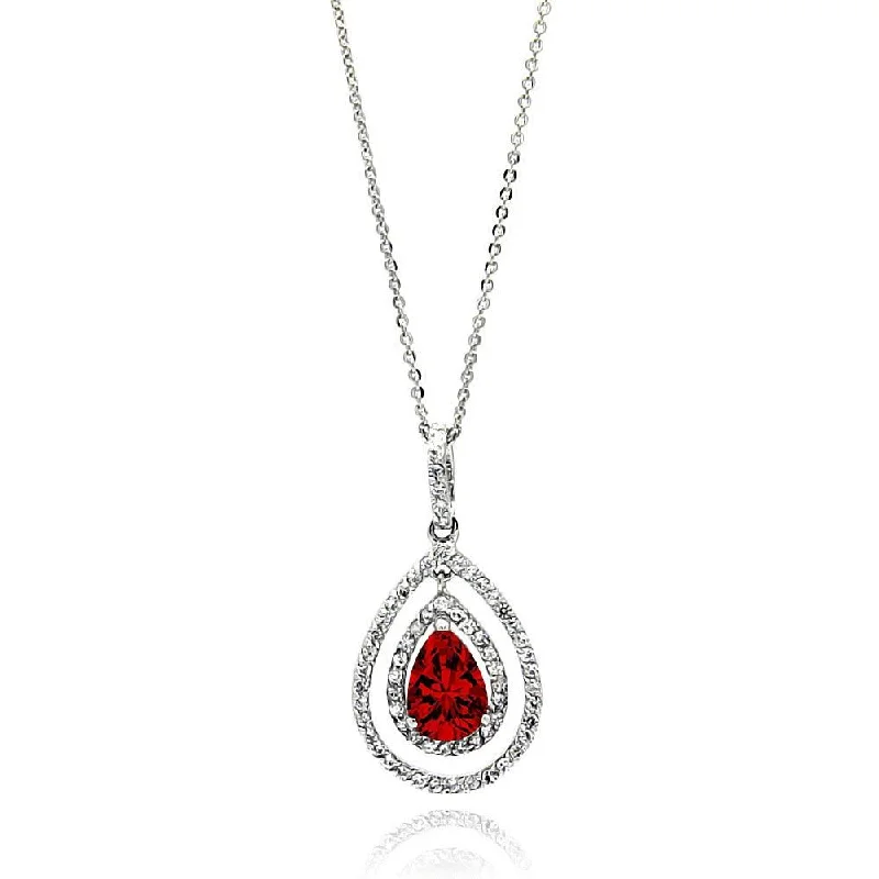 Rhodium Plated 925 Sterling Silver Open Teardrop Red Center CZ Necklace - BGP00666