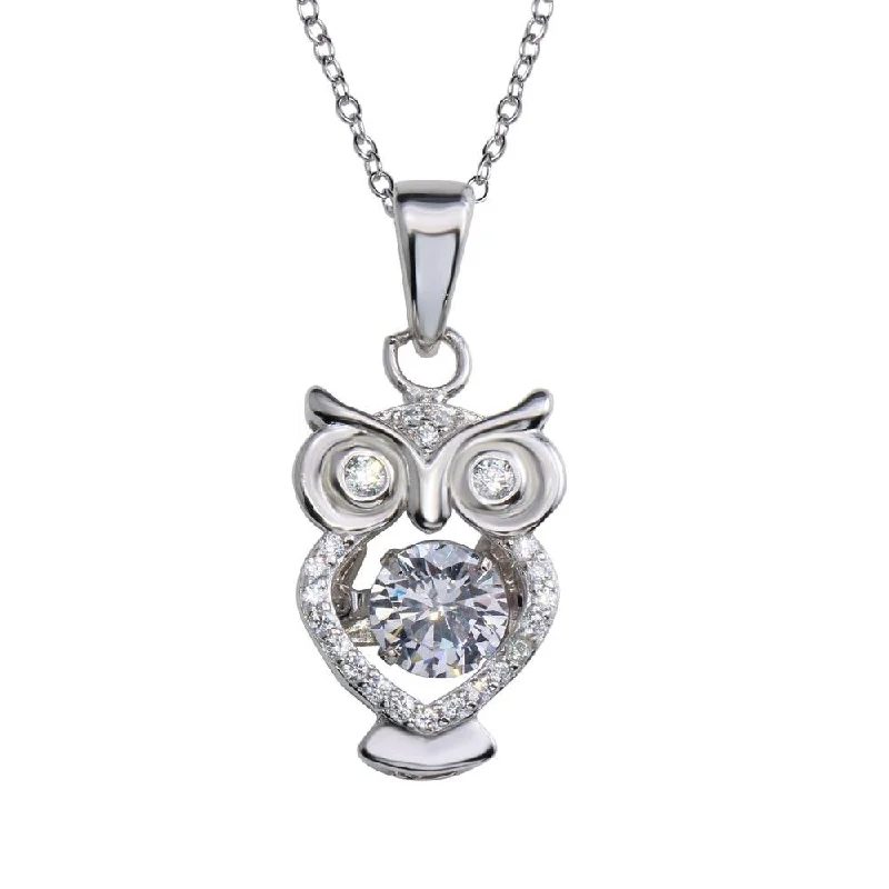 Rhodium Plated 925 Sterling Silver Owl Pendant Necklace with Dancing CZ - STP01683RH