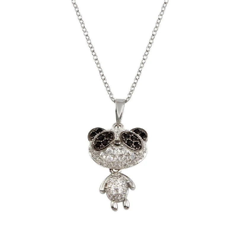 Rhodium Plated 925 Sterling Silver Panda Pendant Necklace with CZ - BGP01305