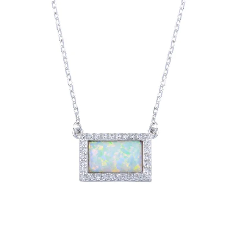 Rhodium Plated 925 Sterling Silver Rectangle Opal Pendant Necklace with CZ - BGP01316