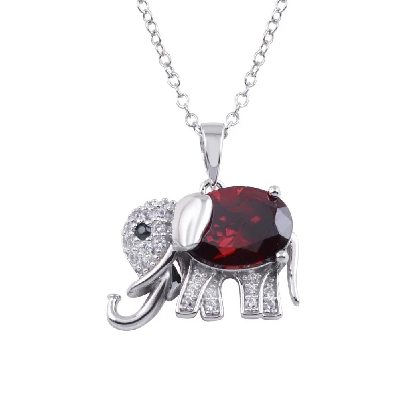 Rhodium Plated 925 Sterling Silver Red CZ Elephant Pendant Necklace - BGP01313RED