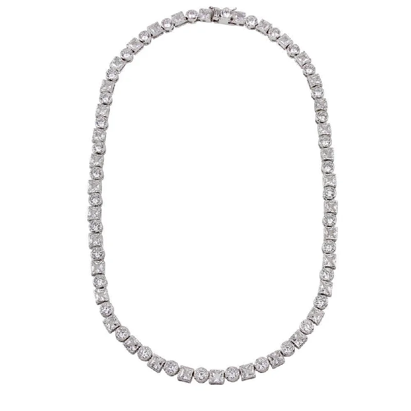 Rhodium Plated 925 Sterling Silver Round and Square CZ Infinity Necklace - BGP01259