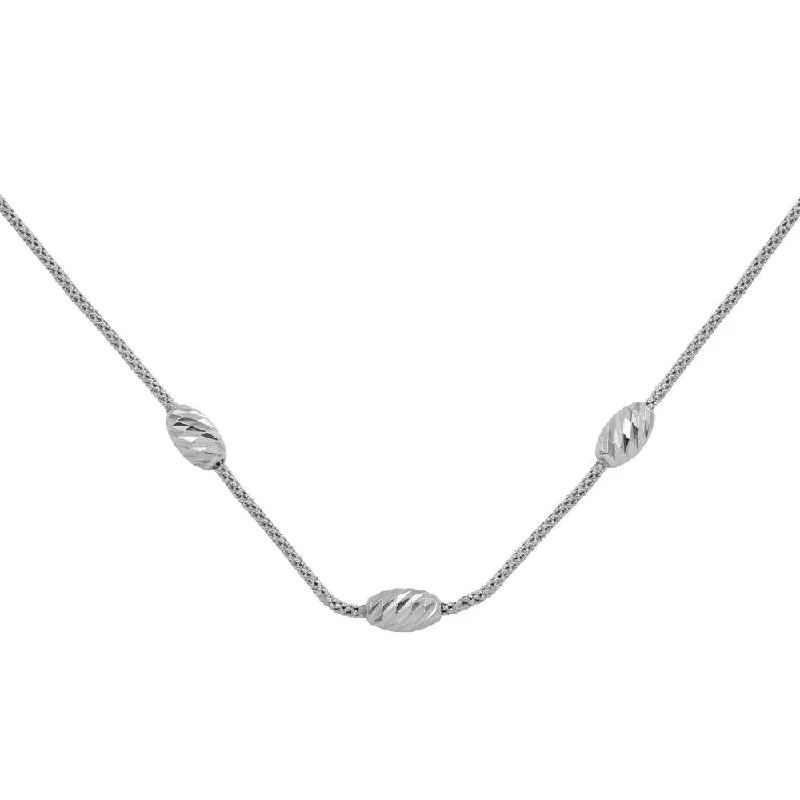 Rhodium Plated 925 Sterling Silver Three Bead Necklace - ECN00004RH