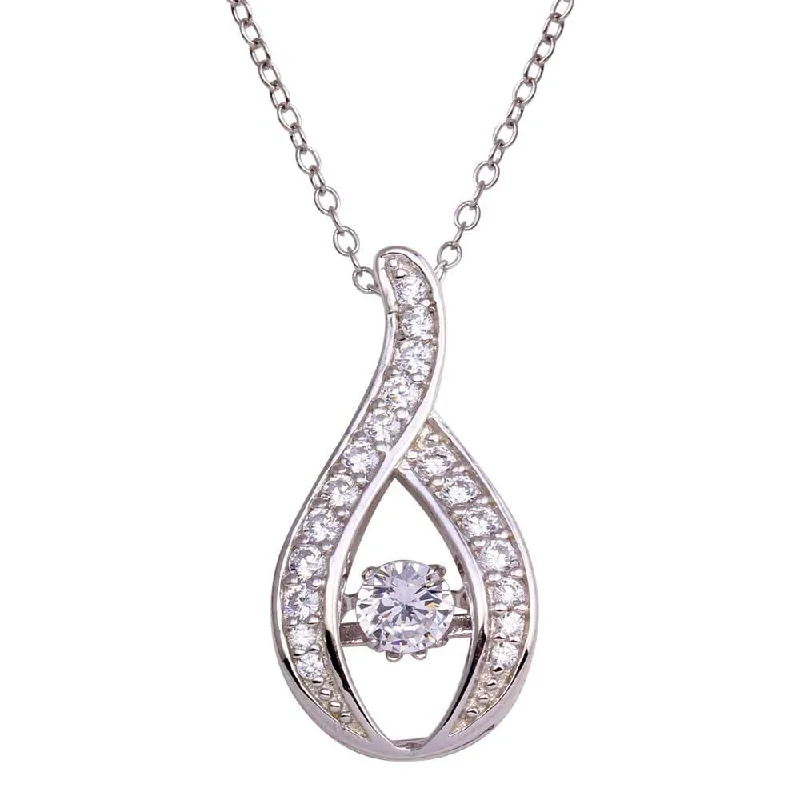 Rhodium Plated 925 Sterling Silver Wave Design Dancing Center CZ Necklace - STP01690