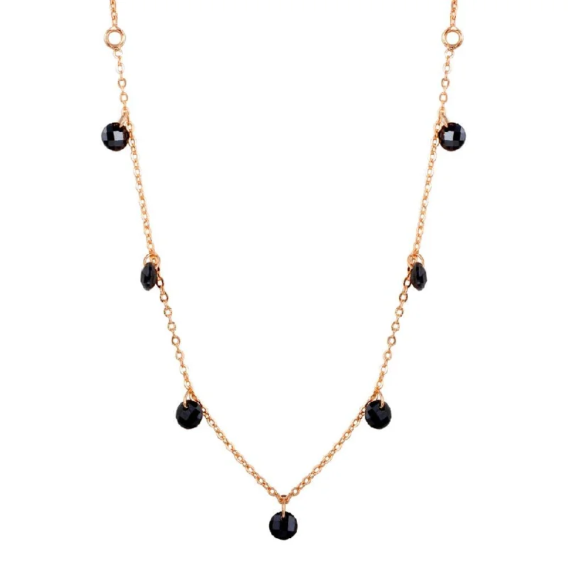 Rose Gold Plated 925 Sterling Silver Dangling Black CZ Chain Necklace - ECN00050RGP