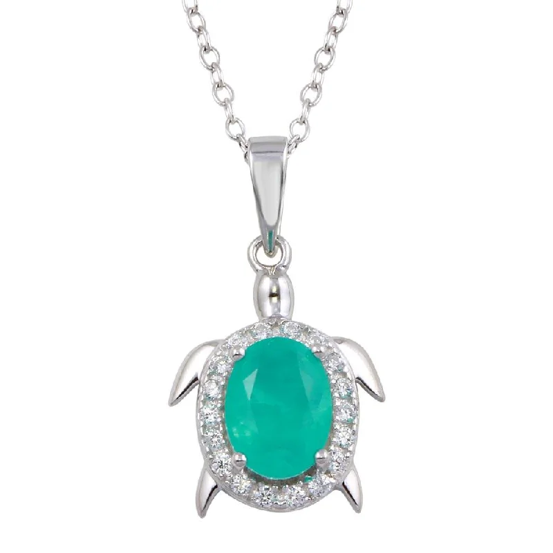 Rhodium Plated 925 Sterling Silver Turtle Pendant Necklace with Light Blue CZ - BGP01320