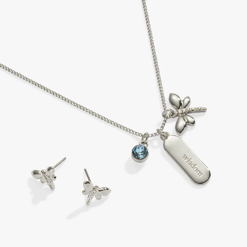 Wisdom Crystal and Dragonfly Charm Necklace and Earring Set