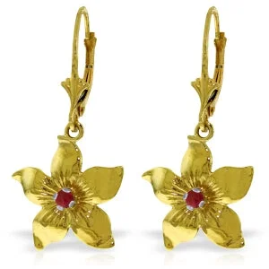 0.2 Carat 14K Solid Yellow Gold Leverback Flowers Earrings Ruby