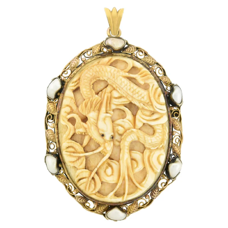 Arts & Crafts Large 14kt Carved Ivory + Freshwater Pearl Mythical Creature Pin/Pendant