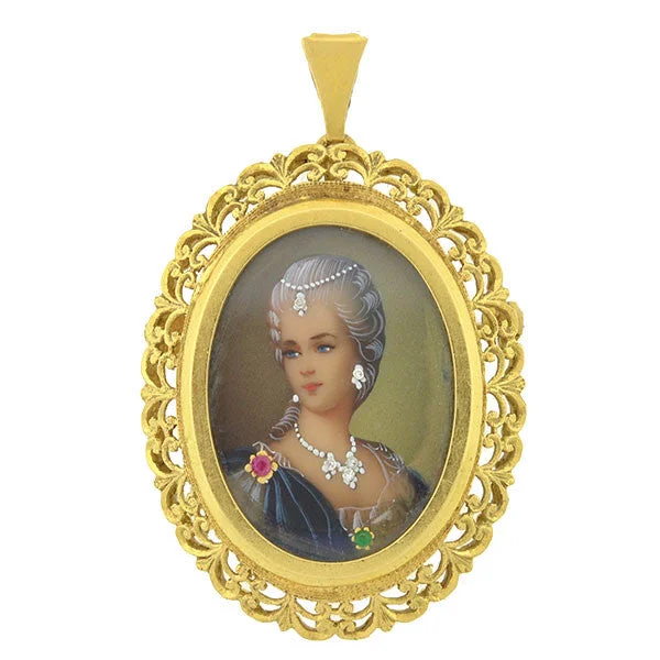 Victorian 18kt Painted Portrait Gemstone Pin/Pendant