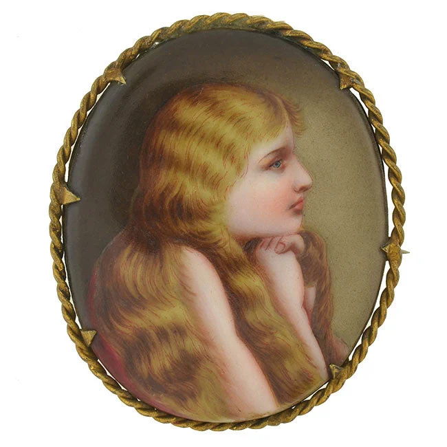 Victorian Large Gold-Filled Painted Portrait Young Girl Pin