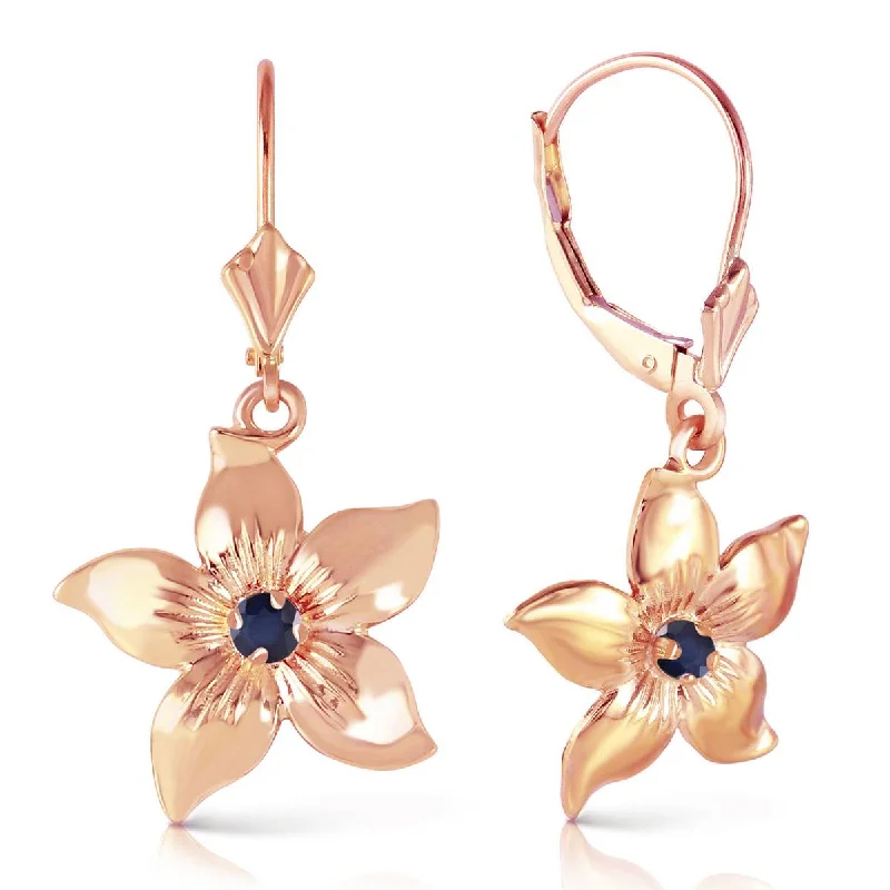 14K Solid Rose Gold Leverback Flowers Earrings w/ Sapphires