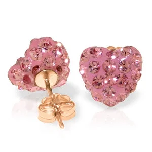 14K Solid Rose Gold Pink Cubic Zirconia Heart Stud Earrings