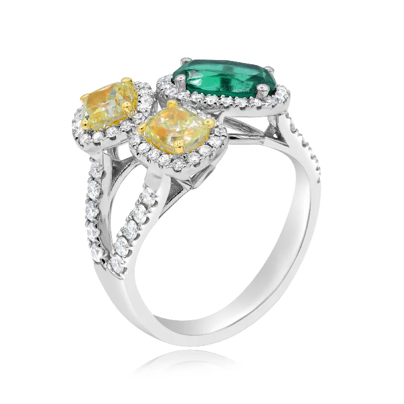 0.66ct Diamond, 1.44ct Yellow Diamond and 1.56ct Emerald Ring set in 18KT White Gold / RN942