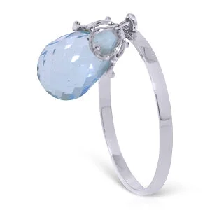 3 Carat 14K Solid White Gold Ring Dangling Briolette Blue Topaz