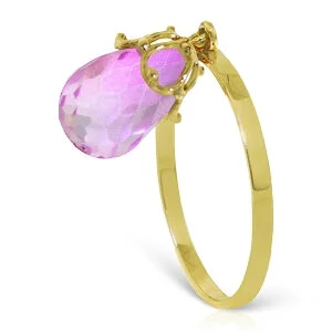 3 Carat 14K Solid Yellow Gold Ring Dangling Briolette Pink Topaz