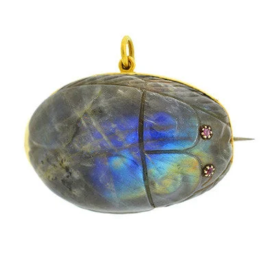 Art Nouveau 10kt Carved Labradorite Scarab Pin/Pendant