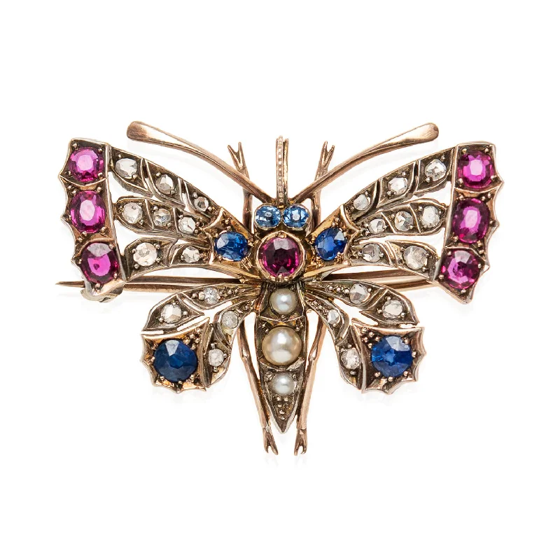 Art Nouveau 14kt/Sterling, Sapphire, Ruby, Diamond + Pearl Butterfly Pin/Pendant