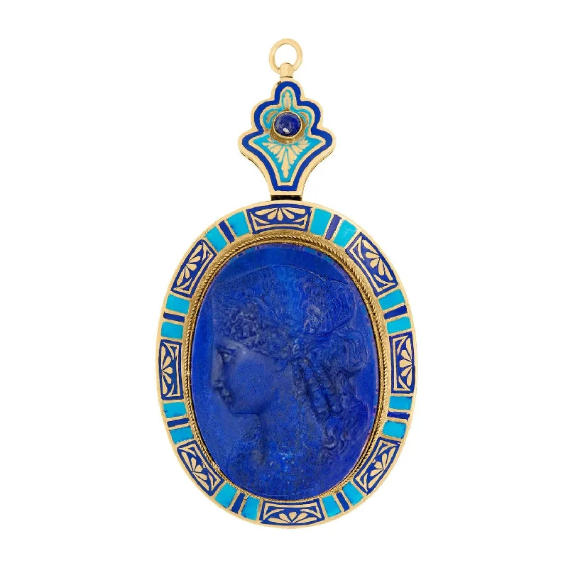 Edwardian 14k Lapis Cameo with Enamel Frame Pendant/Pin