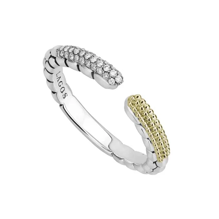 LAGOS Diamond Open Caviar Lux Stackable Ring in Sterling Silver and 18K Yellow Gold