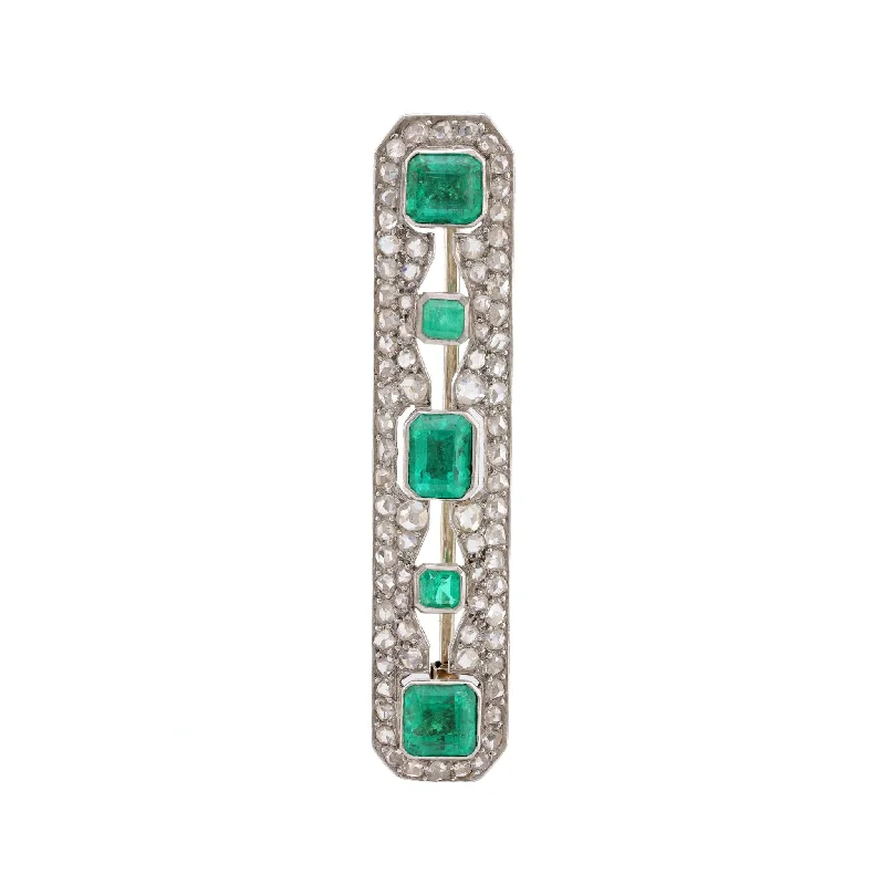 Art Deco French Emerald Diamond 18K White Gold Platinum Bar Brooch