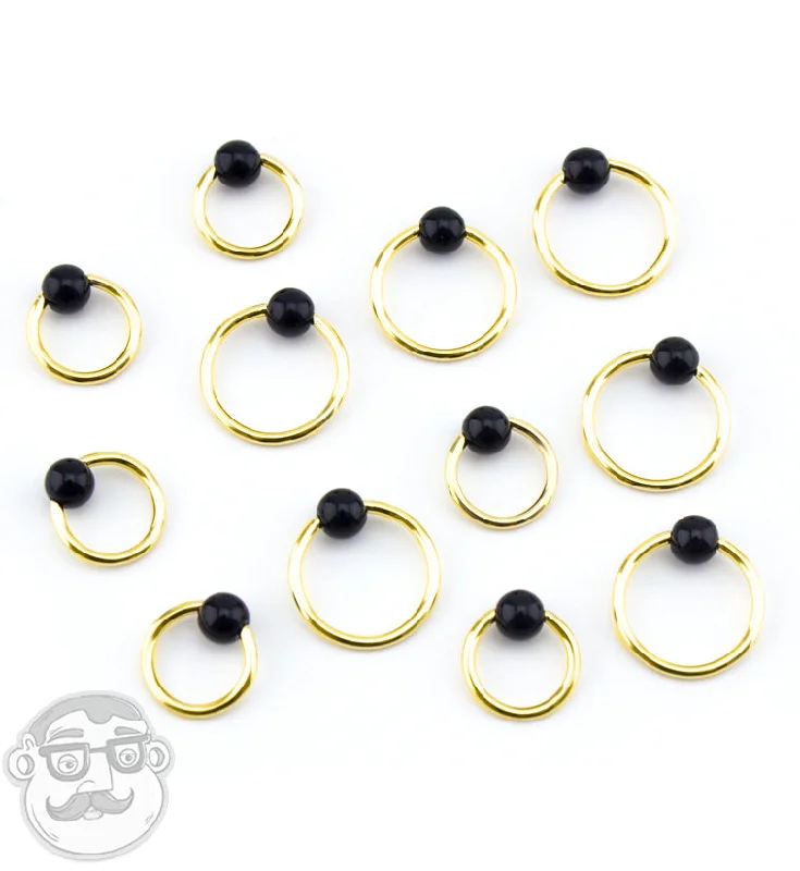 Black Obsidian Stone Gold PVD Captive Bead Ring