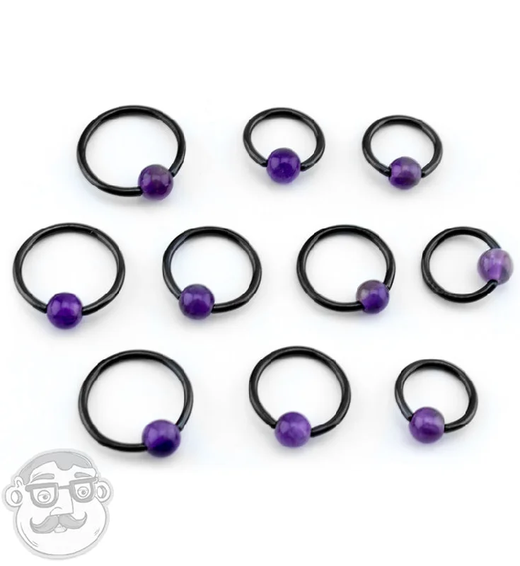 Black PVD Captive Bead Ring with Amethyst Stone