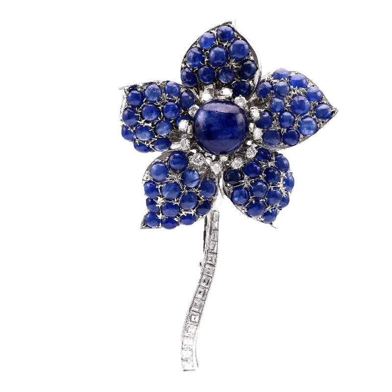 Mid-Century 33 Carat Cabochon Sapphire Diamond 18K White Gold Flower Brooch